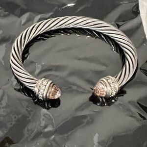 David Yurman 7mm 925 Silver Morganite & Diamond Cable Classic Size S Bracelet